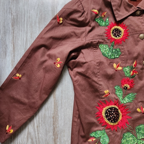 Tapestry Patch Women's L Jacket Sequined Flowers &Embroidered Bees Lined Brown - Picture 2 of 8
